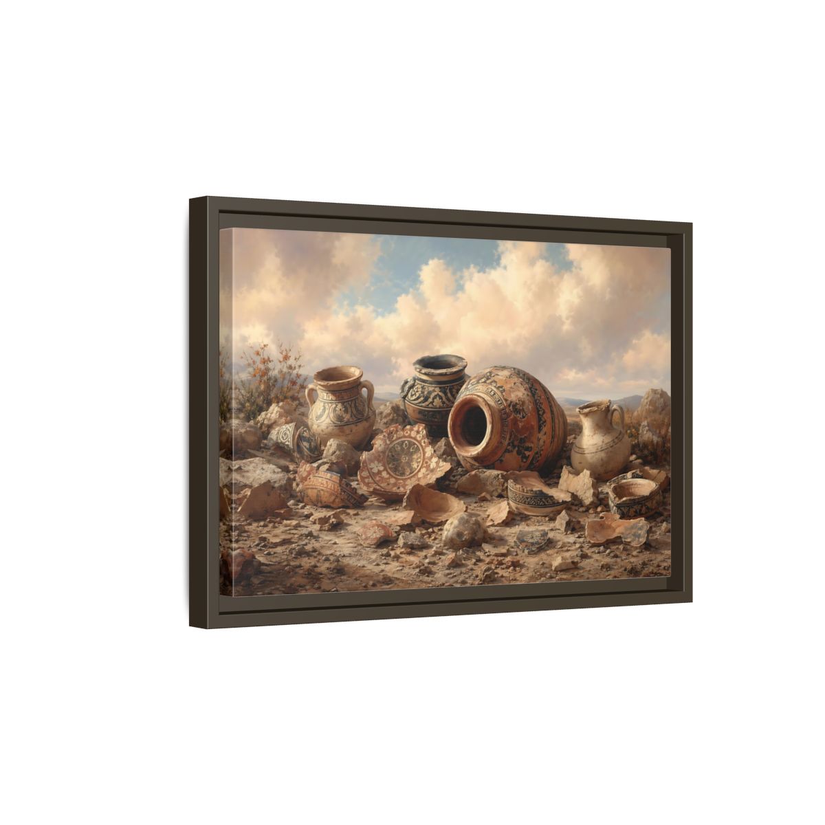 Side Mockup 5. Vintage Ancient Pottery Earthenware Brown shown as stretched canvas wall art