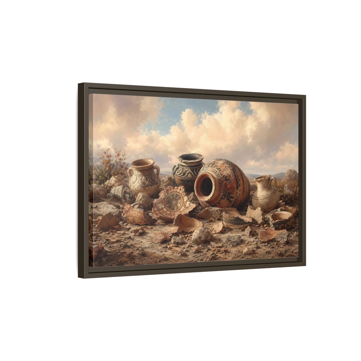 Side Mockup 2. Vintage Ancient Pottery Earthenware Brown shown as stretched canvas wall art