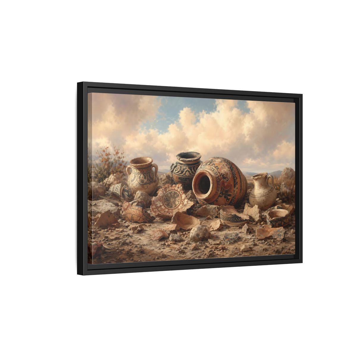 Side Mockup 3. Vintage Ancient Pottery Earthenware Brown shown as stretched canvas wall art