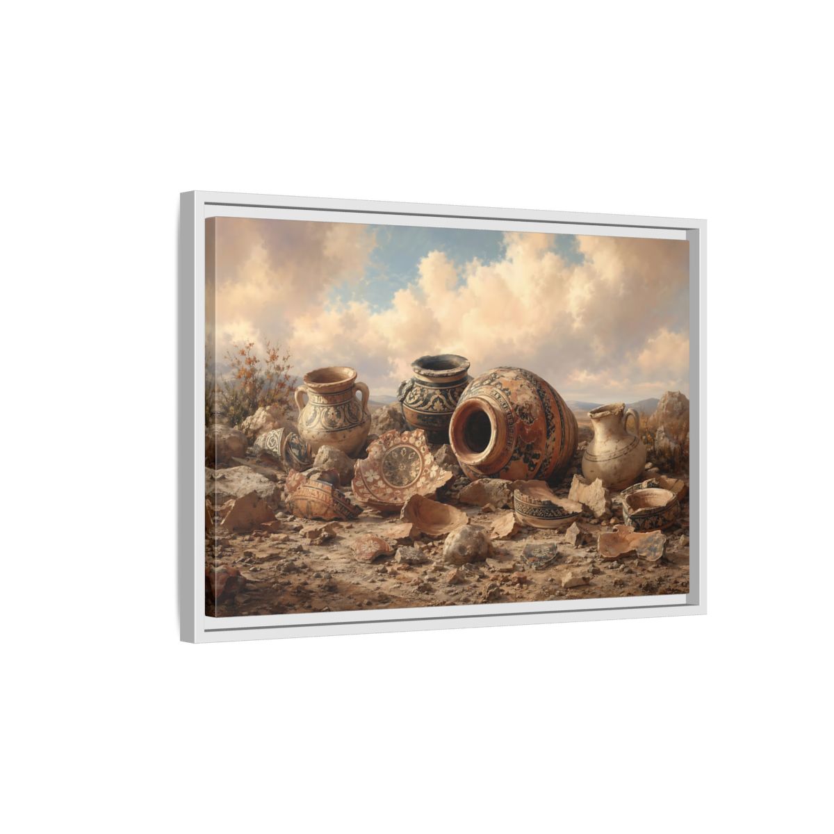 Side Mockup 1. Vintage Ancient Pottery Earthenware Brown shown as stretched canvas wall art
