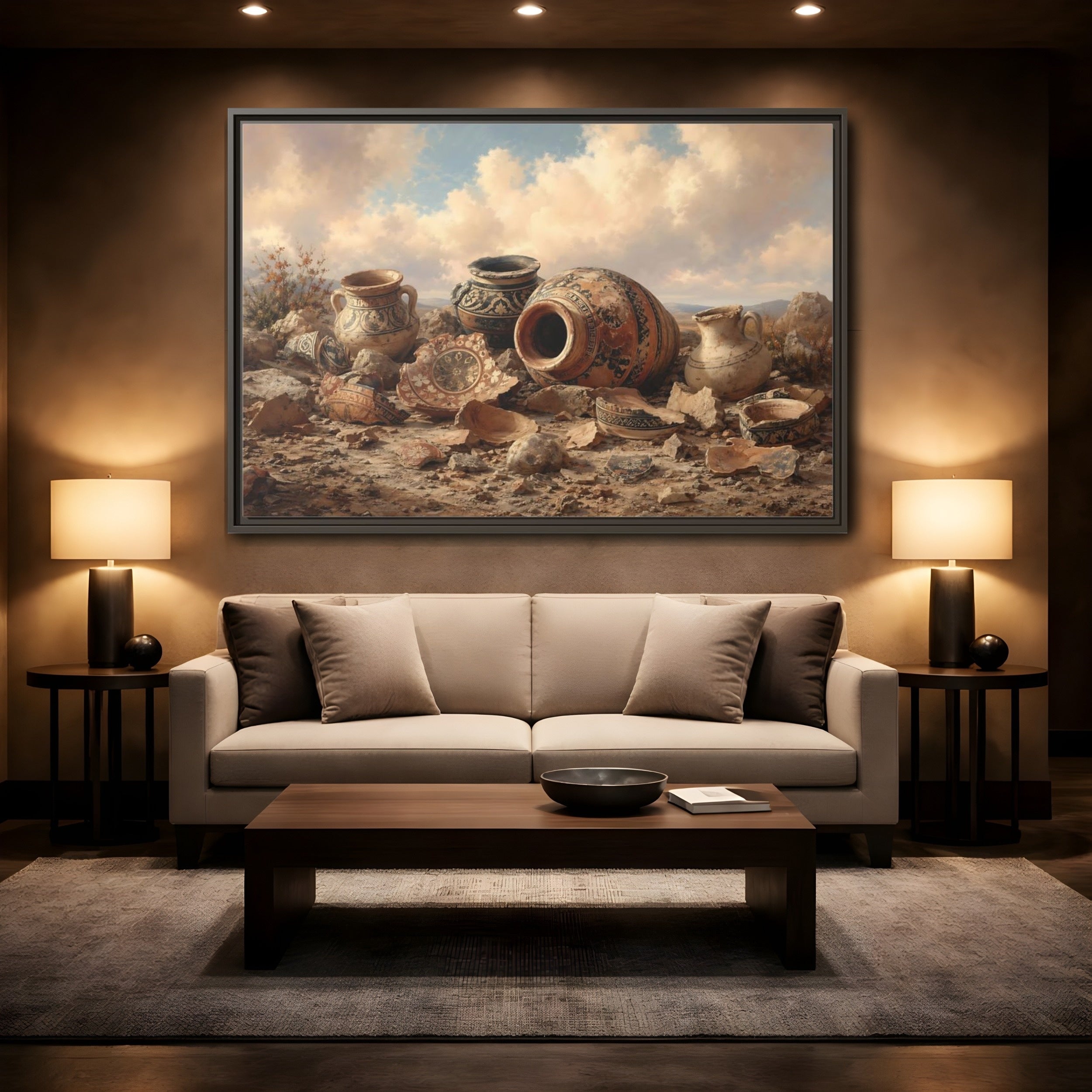 Mockup 2. Vintage Ancient Pottery Earthenware Brown shown as stretched canvas wall art