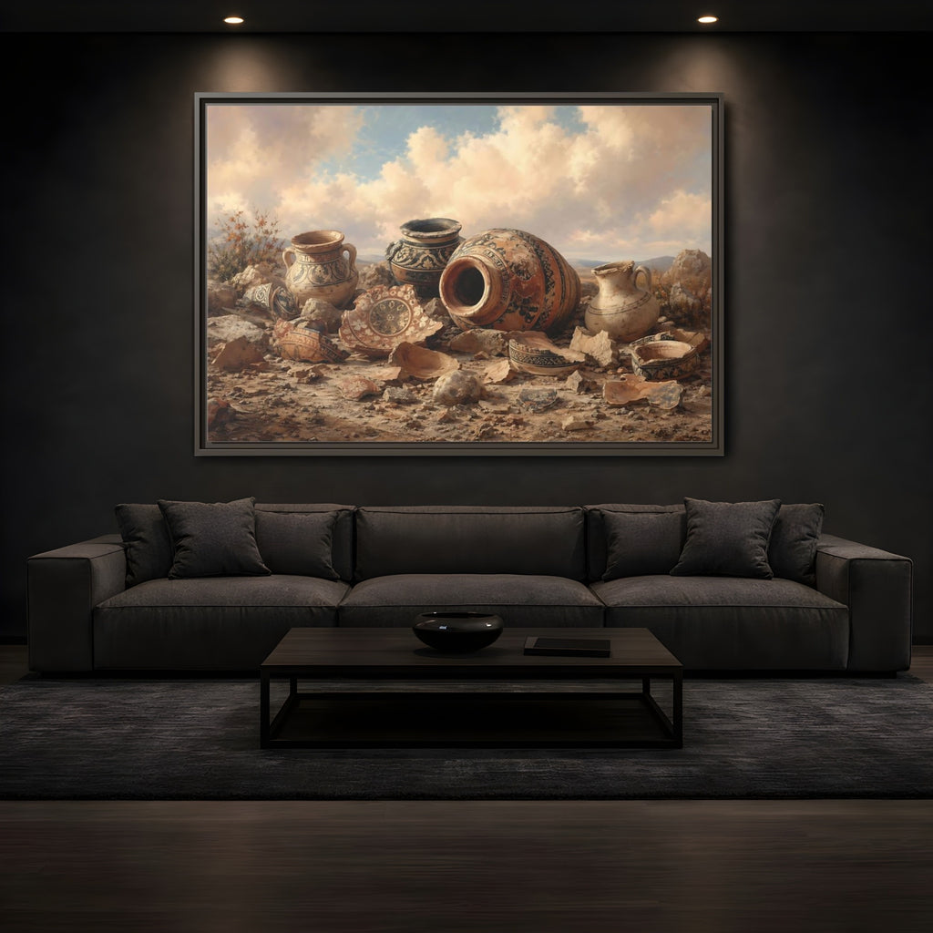 Mockup 3. Vintage Ancient Pottery Earthenware Brown shown as stretched canvas wall art