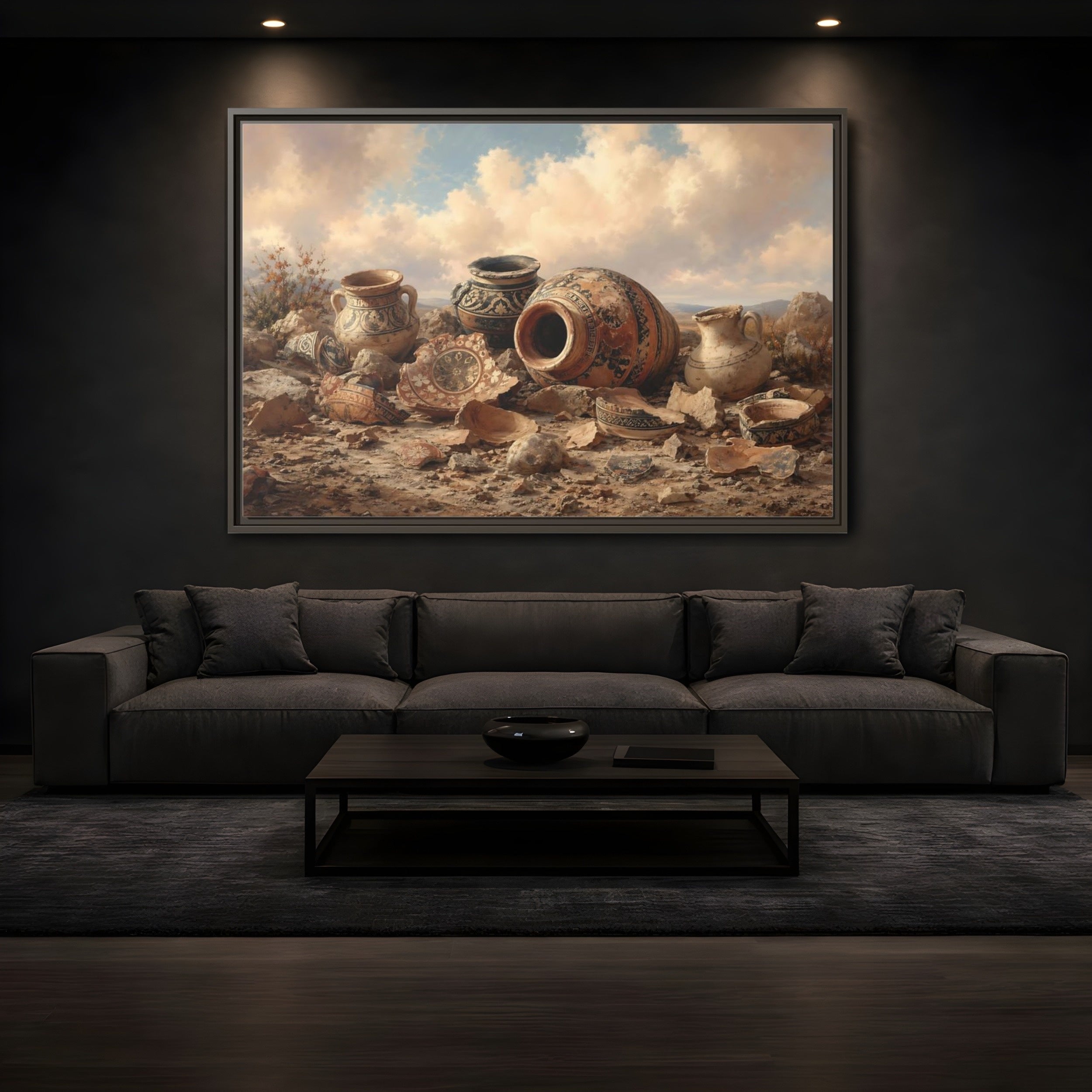 Mockup 3. Vintage Ancient Pottery Earthenware Brown shown as stretched canvas wall art