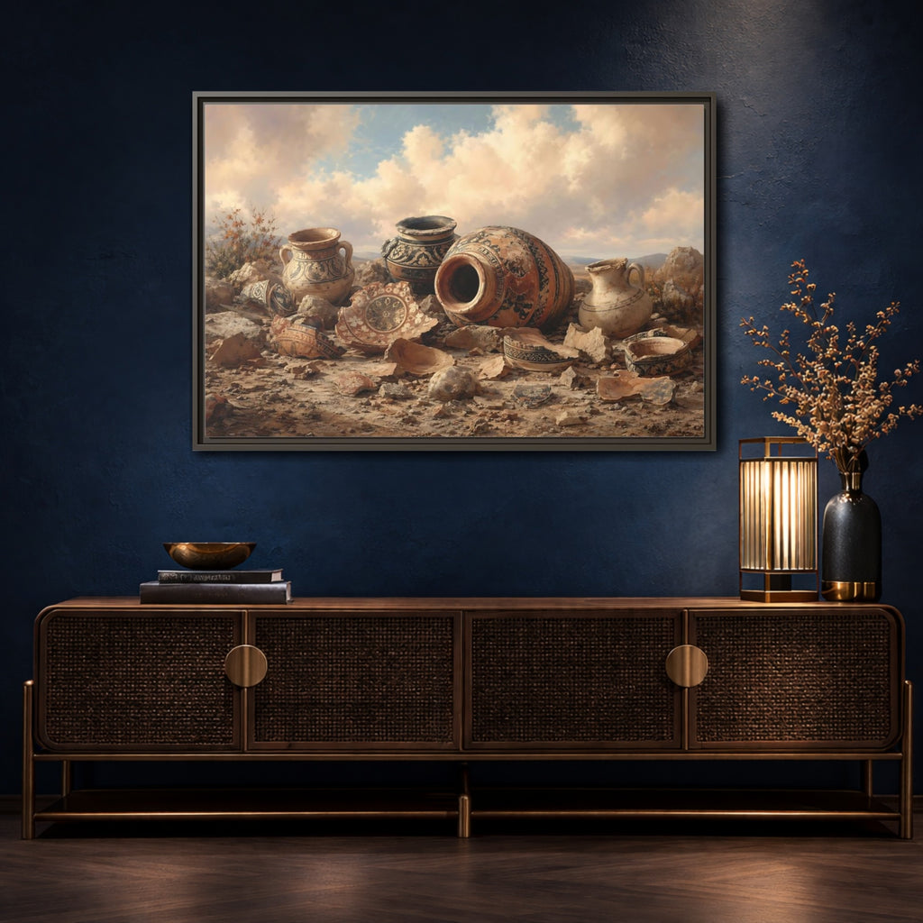 Mockup 4. Vintage Ancient Pottery Earthenware Brown shown as stretched canvas wall art