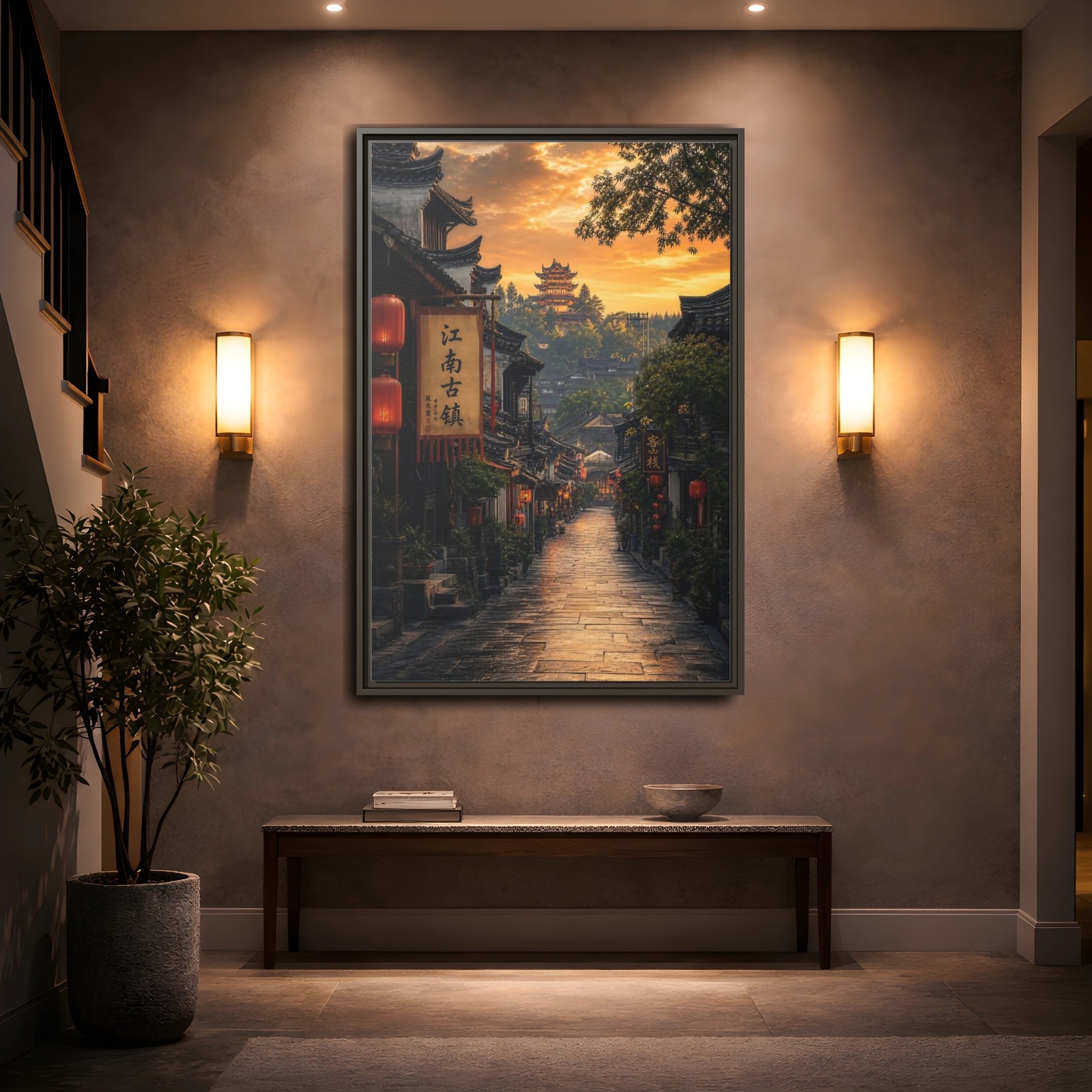 Mockup 2. Vintage Ancient Town Golden Ancient Town shown as stretched canvas wall art
