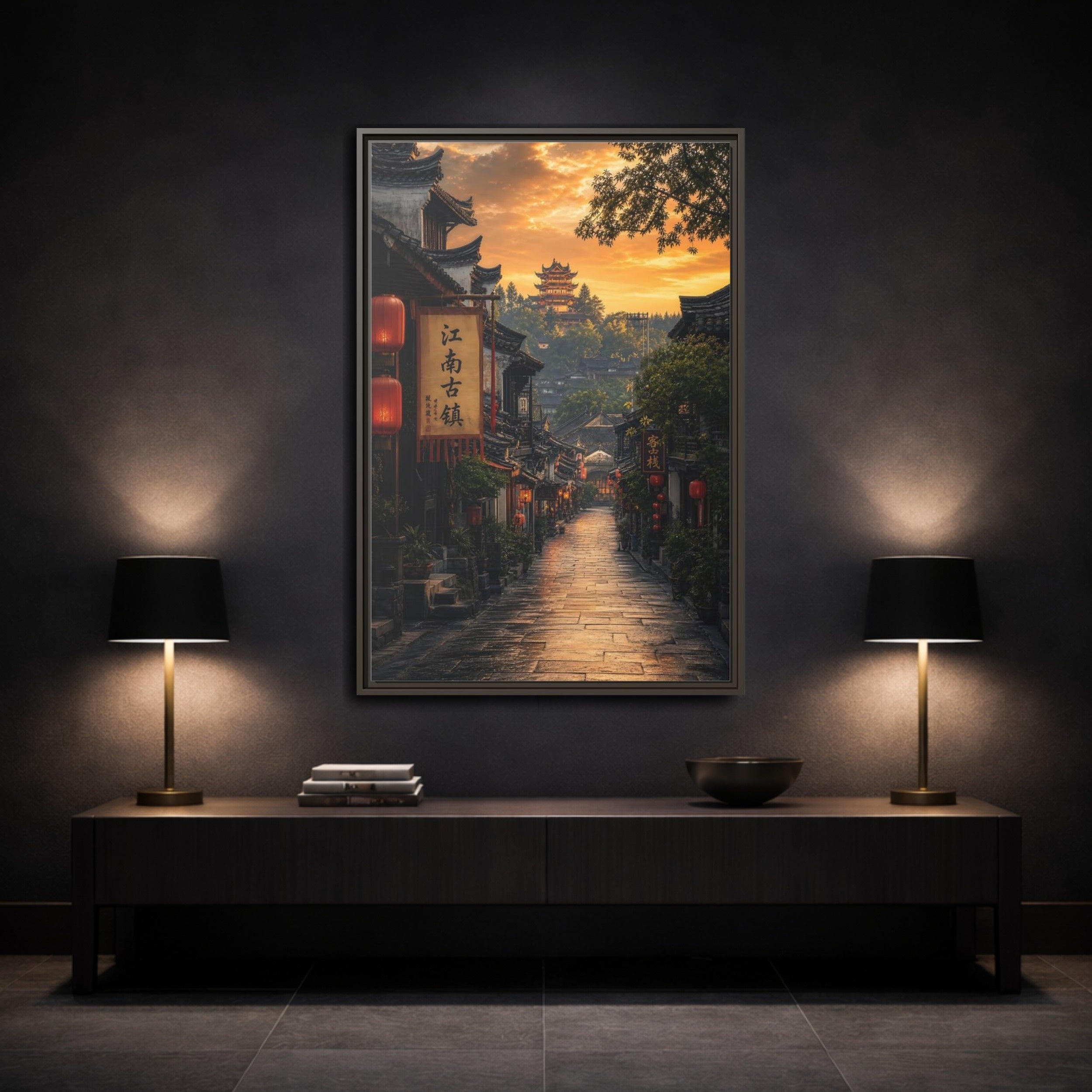 Mockup 3. Vintage Ancient Town Golden Ancient Town shown as stretched canvas wall art