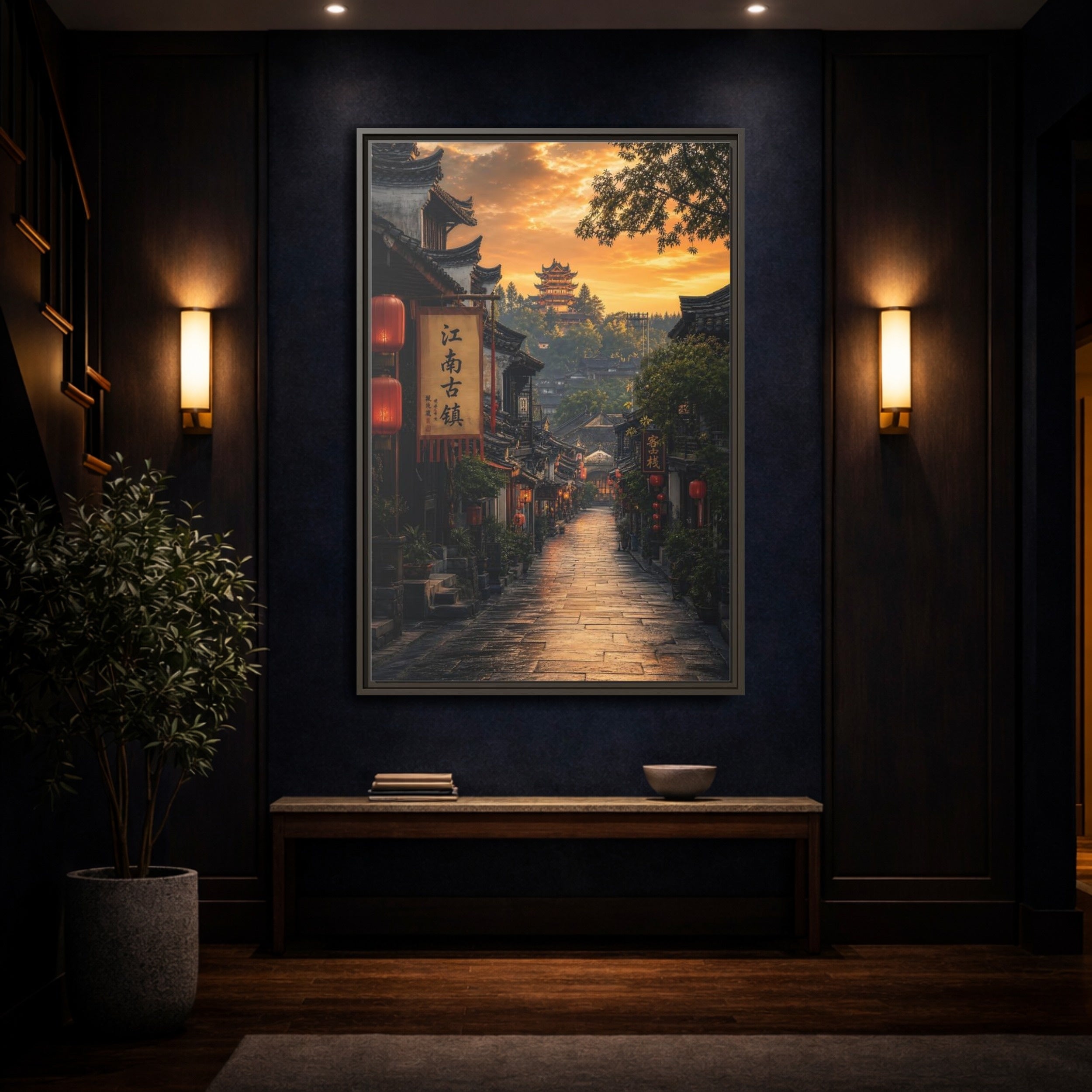 Mockup 4. Vintage Ancient Town Golden Ancient Town shown as stretched canvas wall art