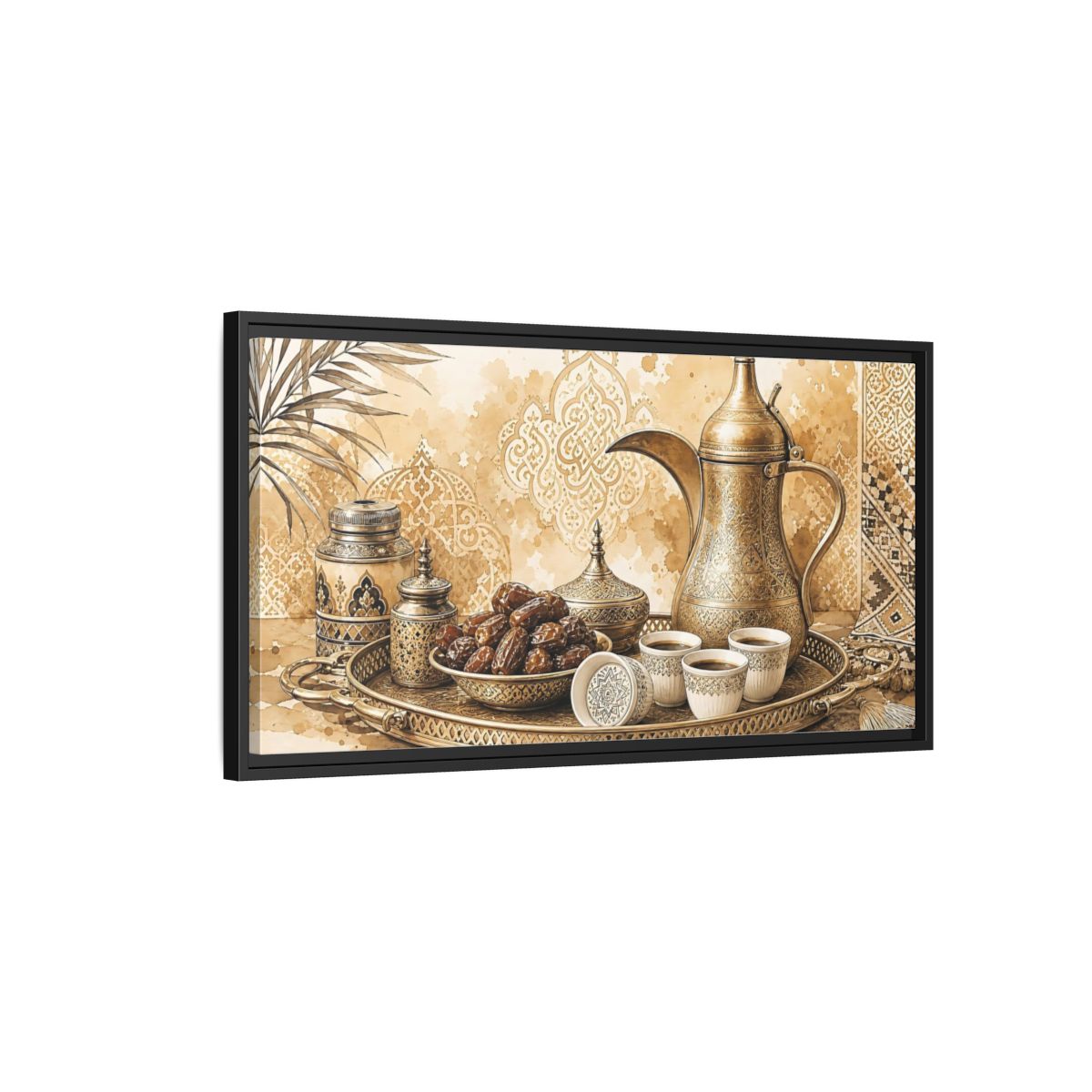 Side Mockup 2. Vintage Arabic Coffee Brown And Gold shown as framed canvas print