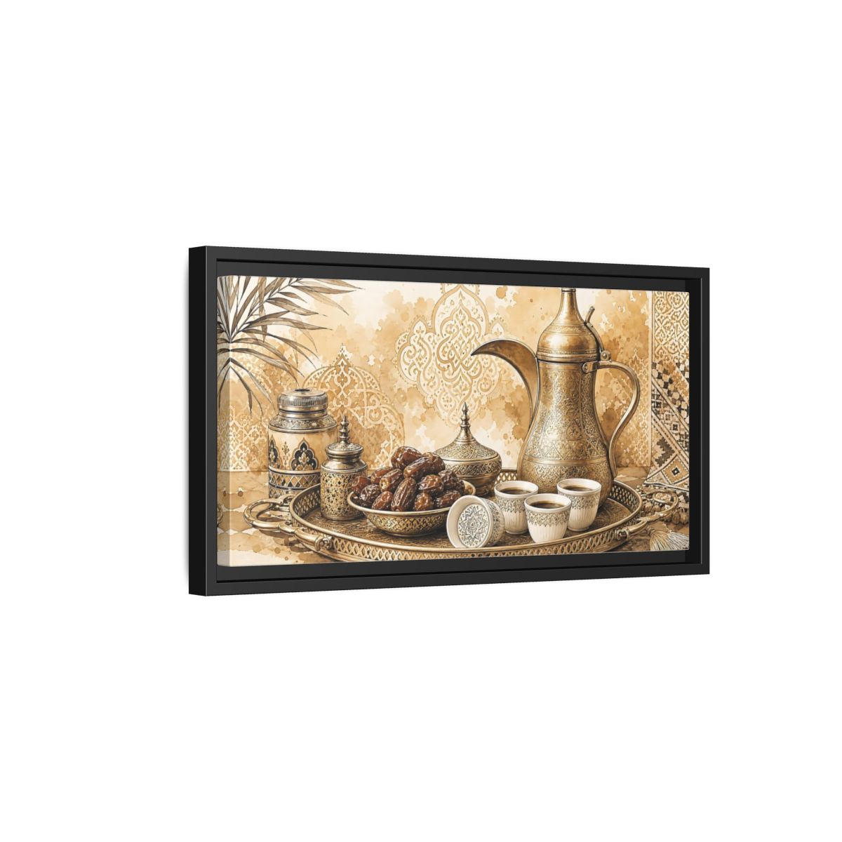 Side Mockup 8. Vintage Arabic Coffee Brown And Gold shown as framed canvas print