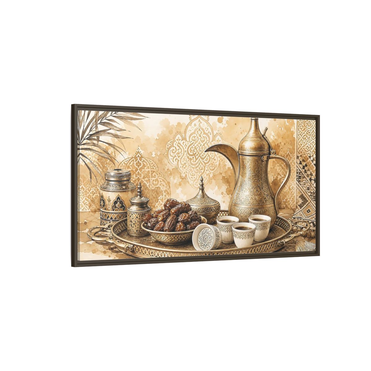 Side Mockup 4. Vintage Arabic Coffee Brown And Gold shown as framed canvas print