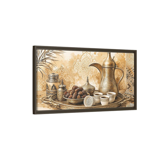 Main Mockup. Vintage Arabic Coffee Brown And Gold shown as framed canvas print