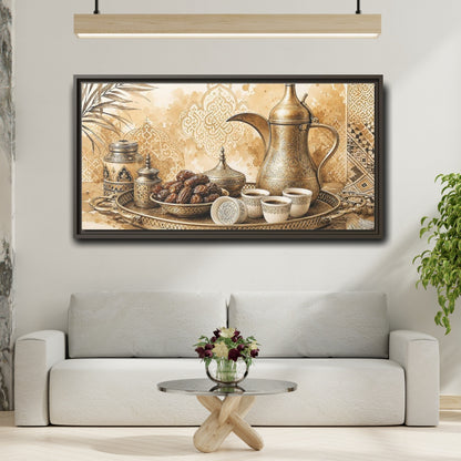 Mockup 2. Vintage Arabic Coffee Brown And Gold shown as framed canvas print