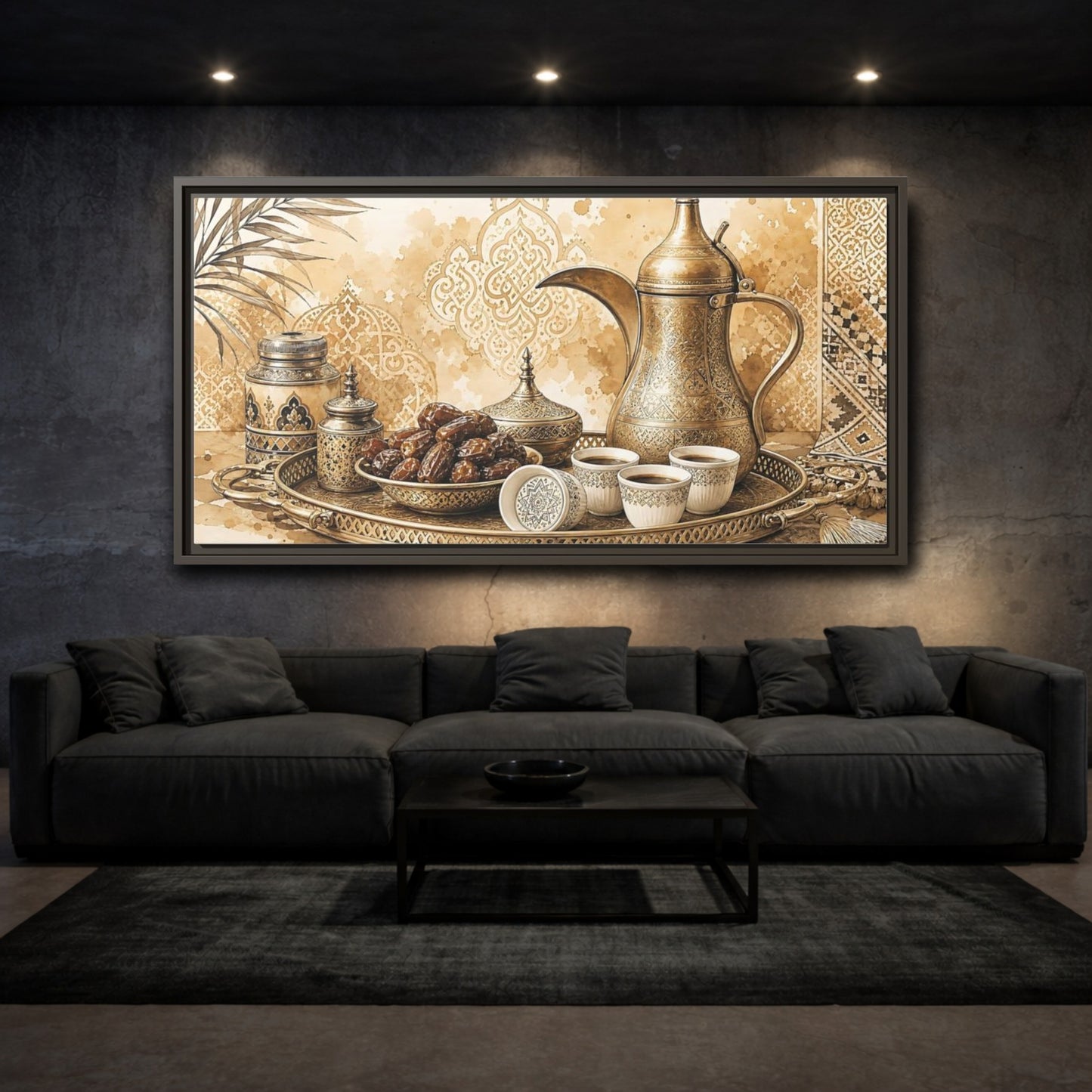 Mockup 3. Vintage Arabic Coffee Brown And Gold shown as framed canvas print