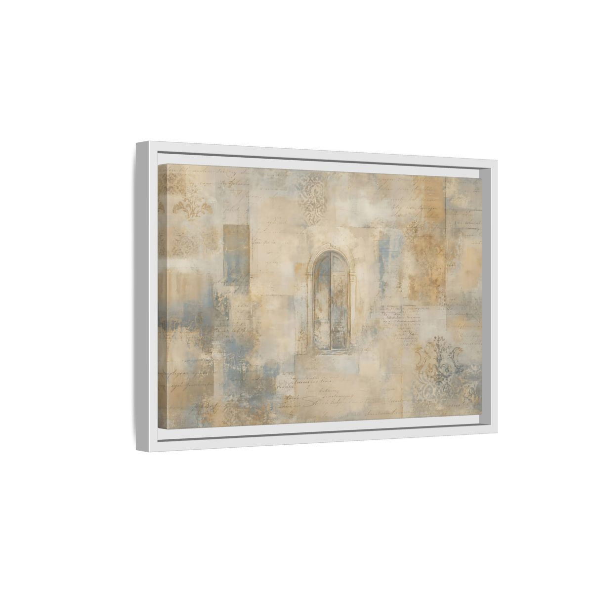 Side Mockup 4. Vintage Arched Window Vintage Neutral Tones shown as stretched canvas wall art