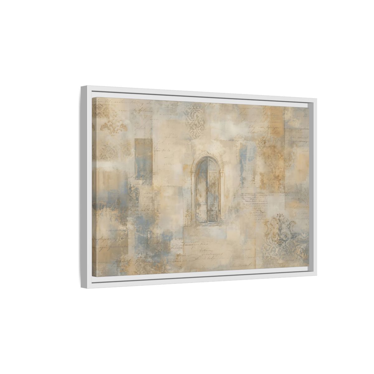 Side Mockup 1. Vintage Arched Window Vintage Neutral Tones shown as stretched canvas wall art