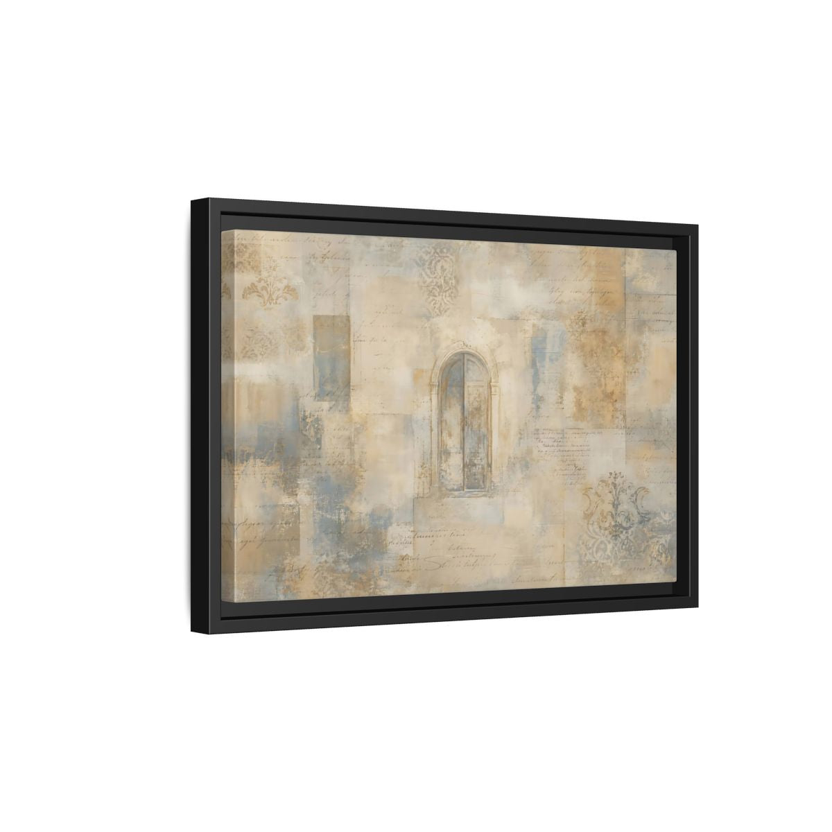 Side Mockup 6. Vintage Arched Window Vintage Neutral Tones shown as stretched canvas wall art