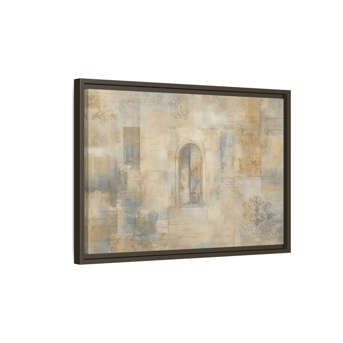 Side Mockup 2. Vintage Arched Window Vintage Neutral Tones shown as stretched canvas wall art