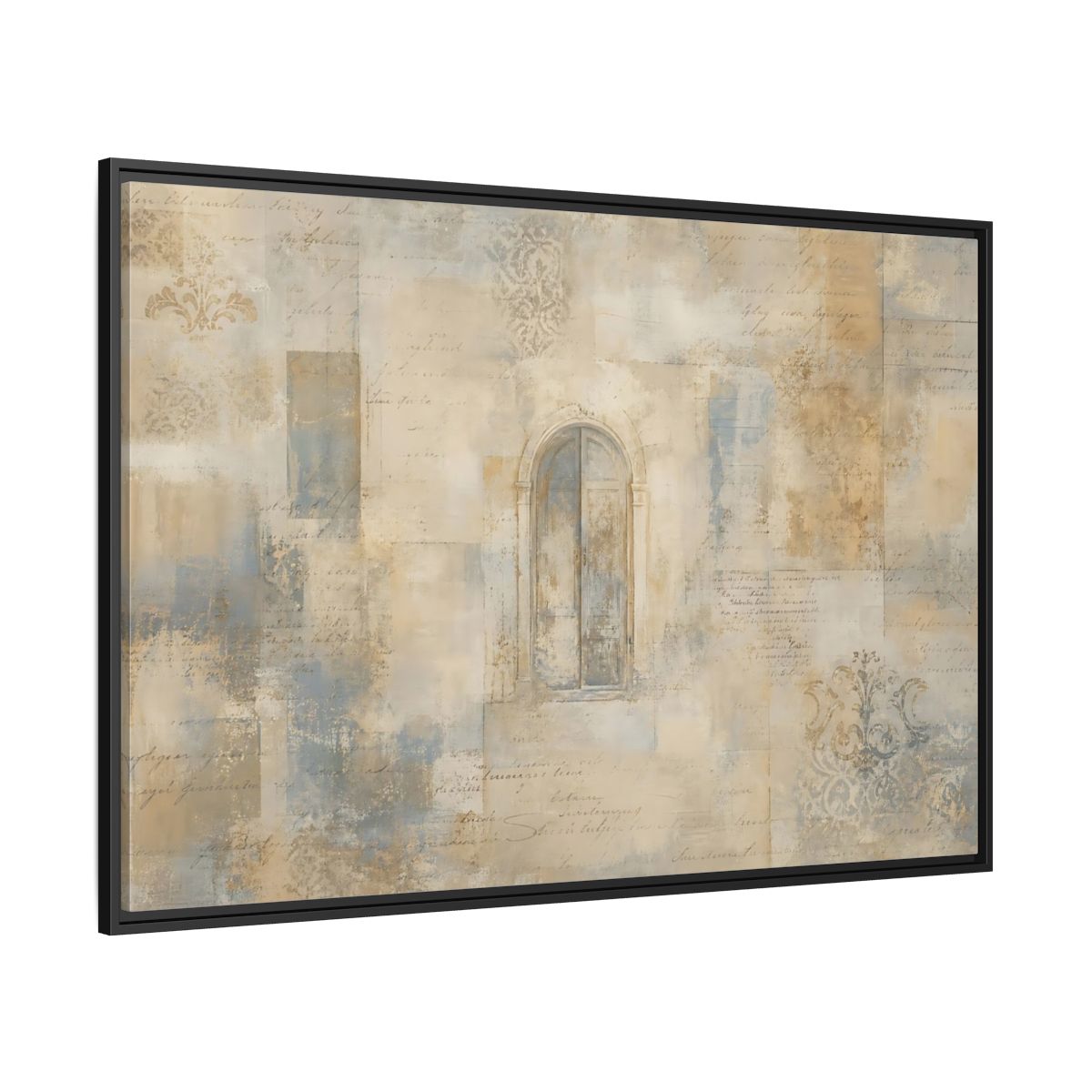 Side Mockup 12. Vintage Arched Window Vintage Neutral Tones shown as stretched canvas wall art