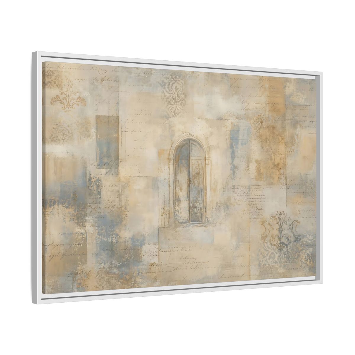 Side Mockup 9. Vintage Arched Window Vintage Neutral Tones shown as stretched canvas wall art
