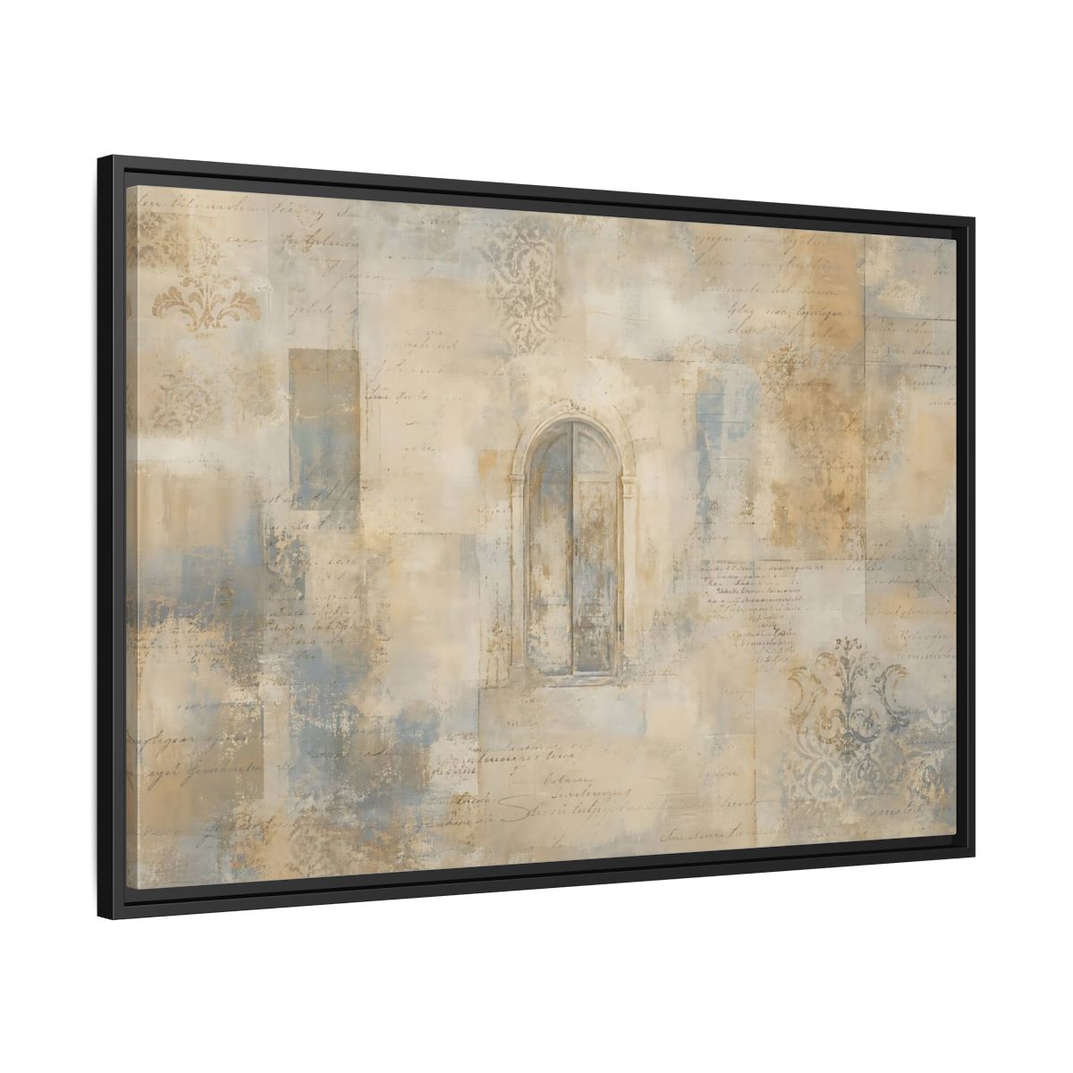 Side Mockup 13. Vintage Arched Window Vintage Neutral Tones shown as stretched canvas wall art