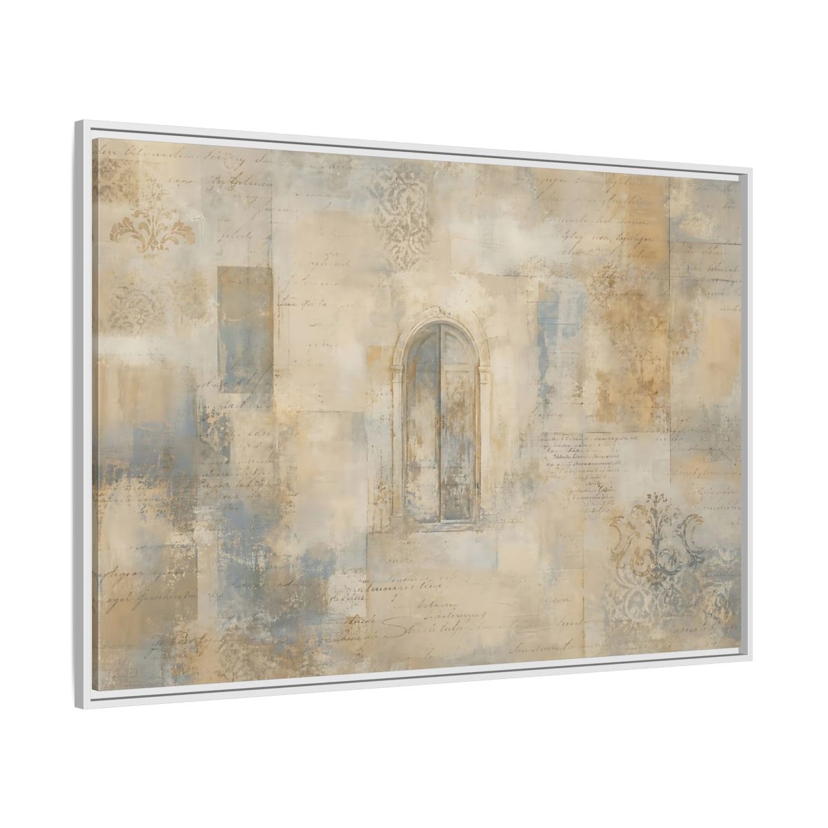 Side Mockup 7. Vintage Arched Window Vintage Neutral Tones shown as stretched canvas wall art