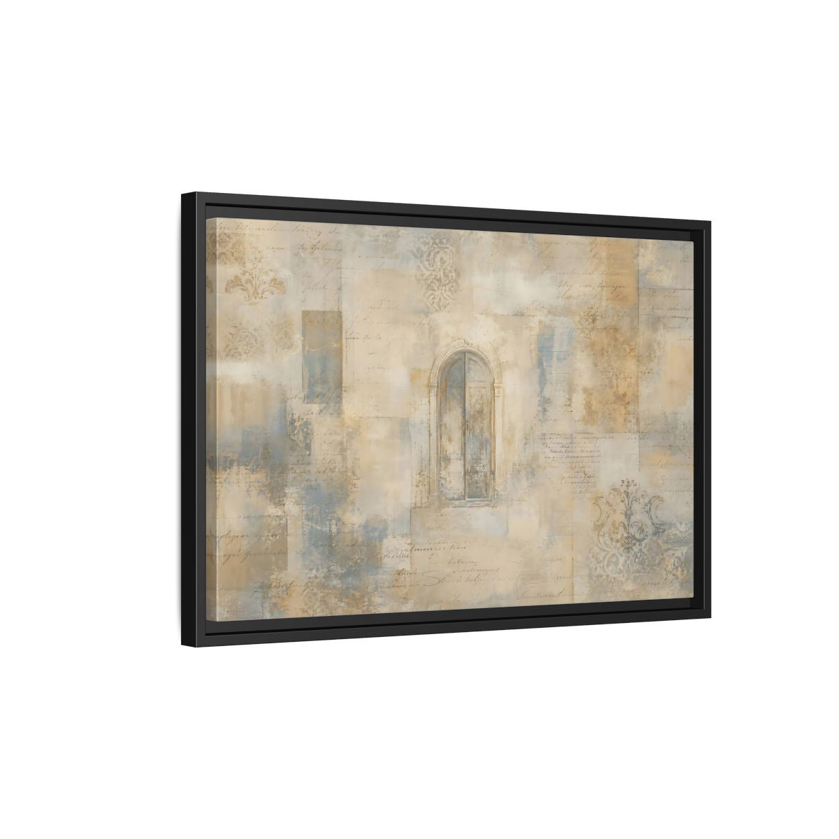 Side Mockup 3. Vintage Arched Window Vintage Neutral Tones shown as stretched canvas wall art