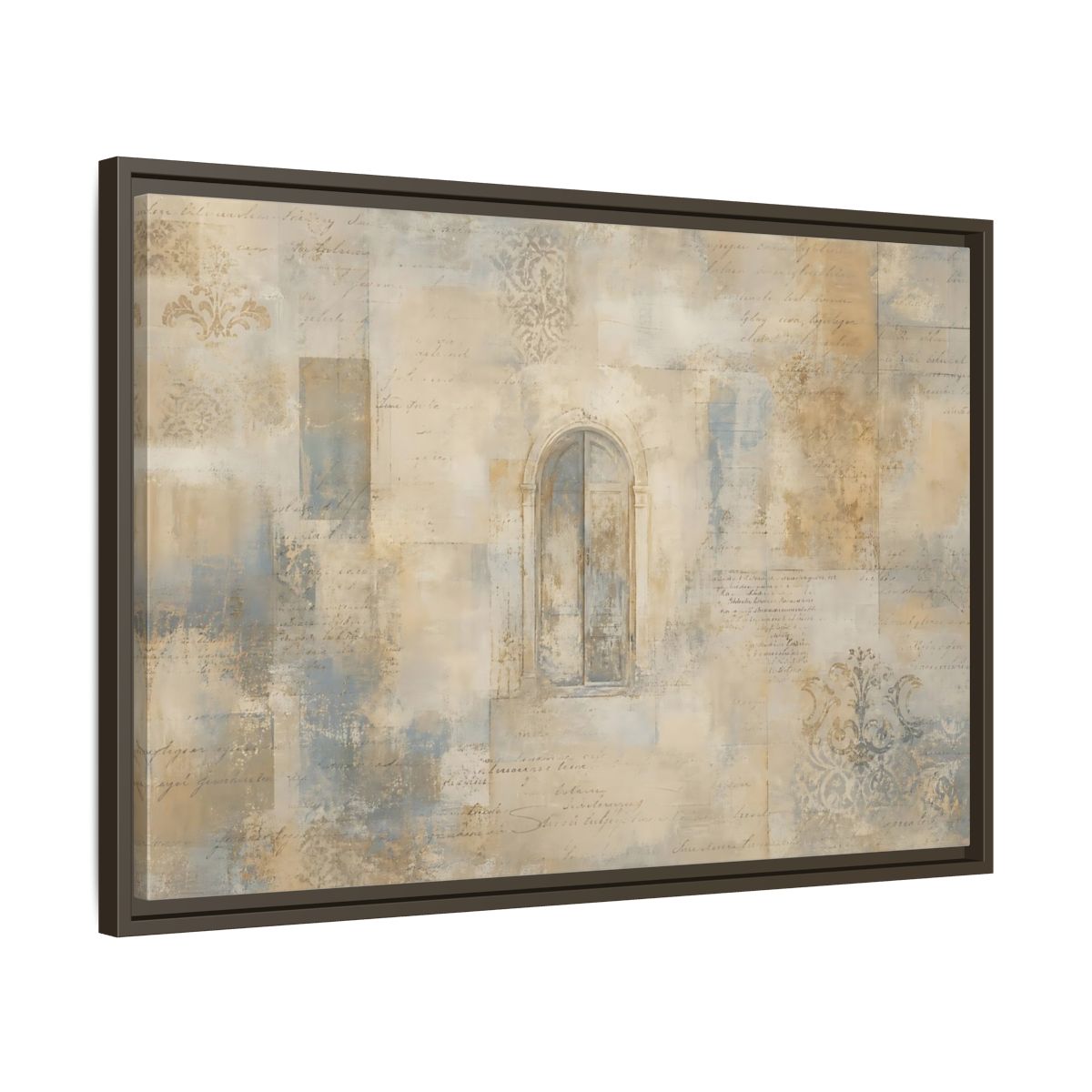 Side Mockup 11. Vintage Arched Window Vintage Neutral Tones shown as stretched canvas wall art