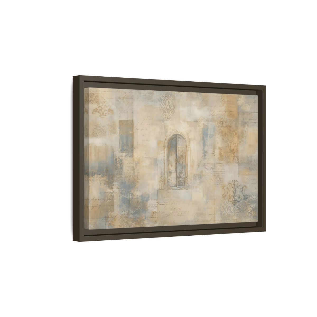 Side Mockup 5. Vintage Arched Window Vintage Neutral Tones shown as stretched canvas wall art