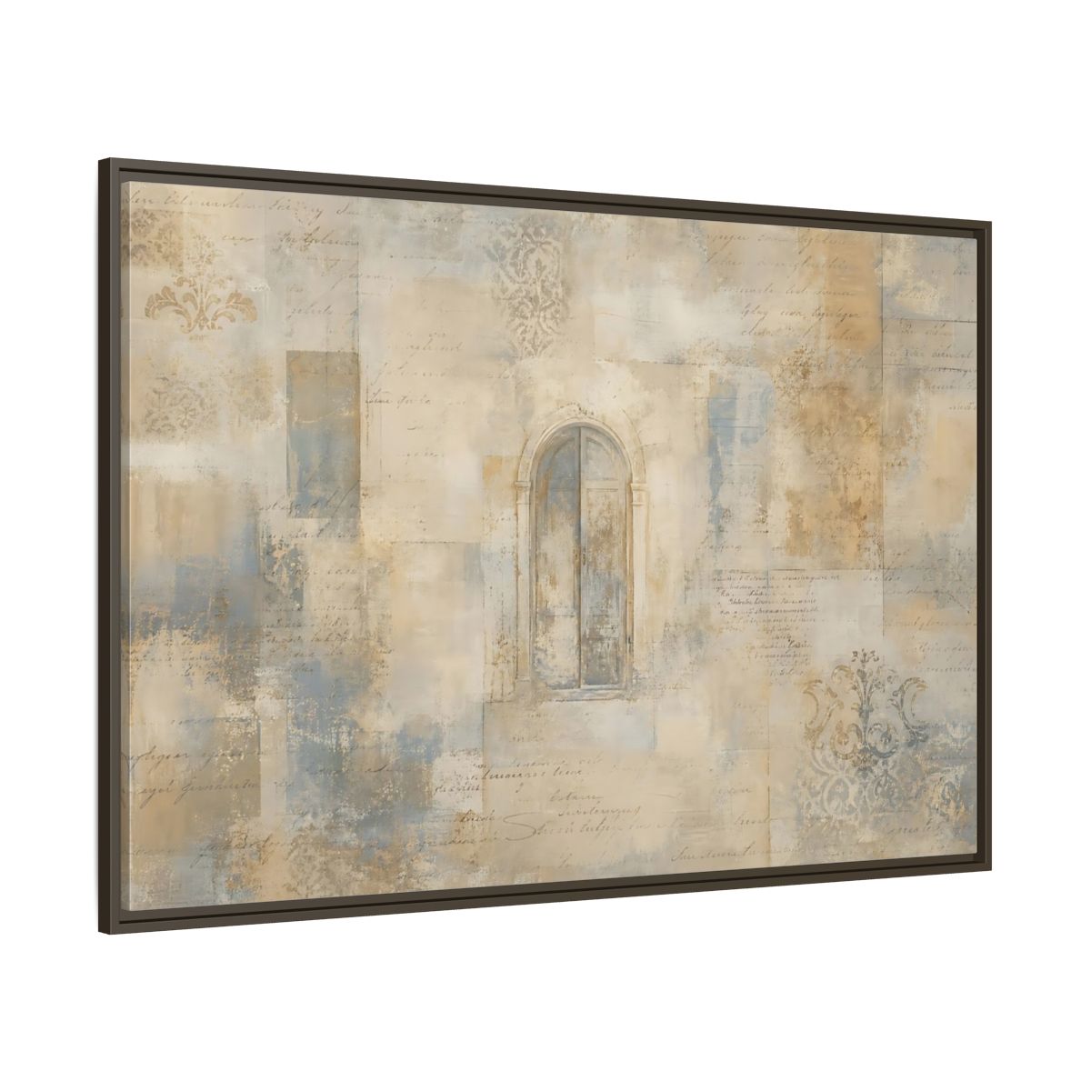 Side Mockup 8. Vintage Arched Window Vintage Neutral Tones shown as stretched canvas wall art