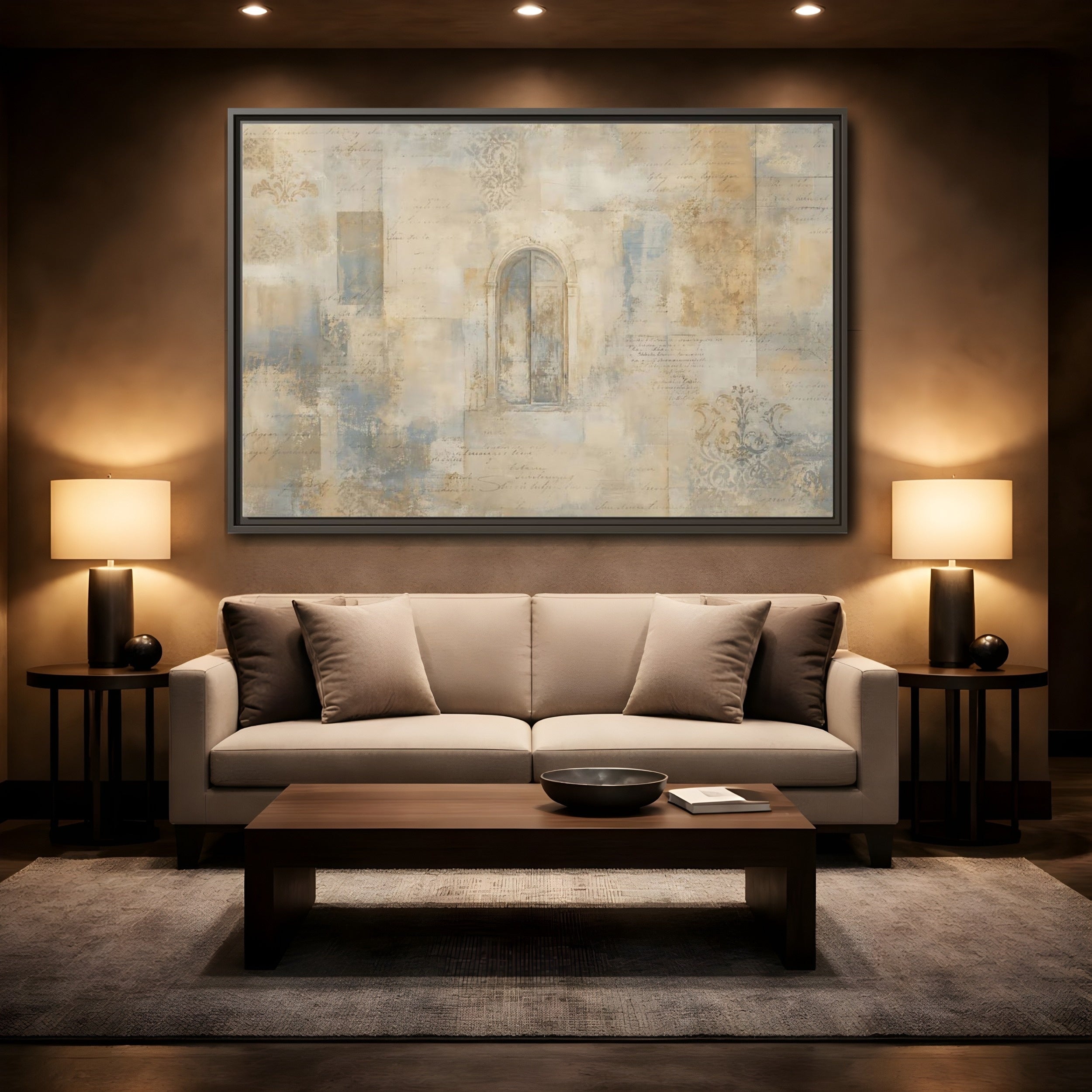 Mockup 2. Vintage Arched Window Vintage Neutral Tones shown as stretched canvas wall art