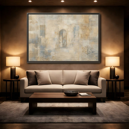 Mockup 2. Vintage Arched Window Vintage Neutral Tones shown as stretched canvas wall art