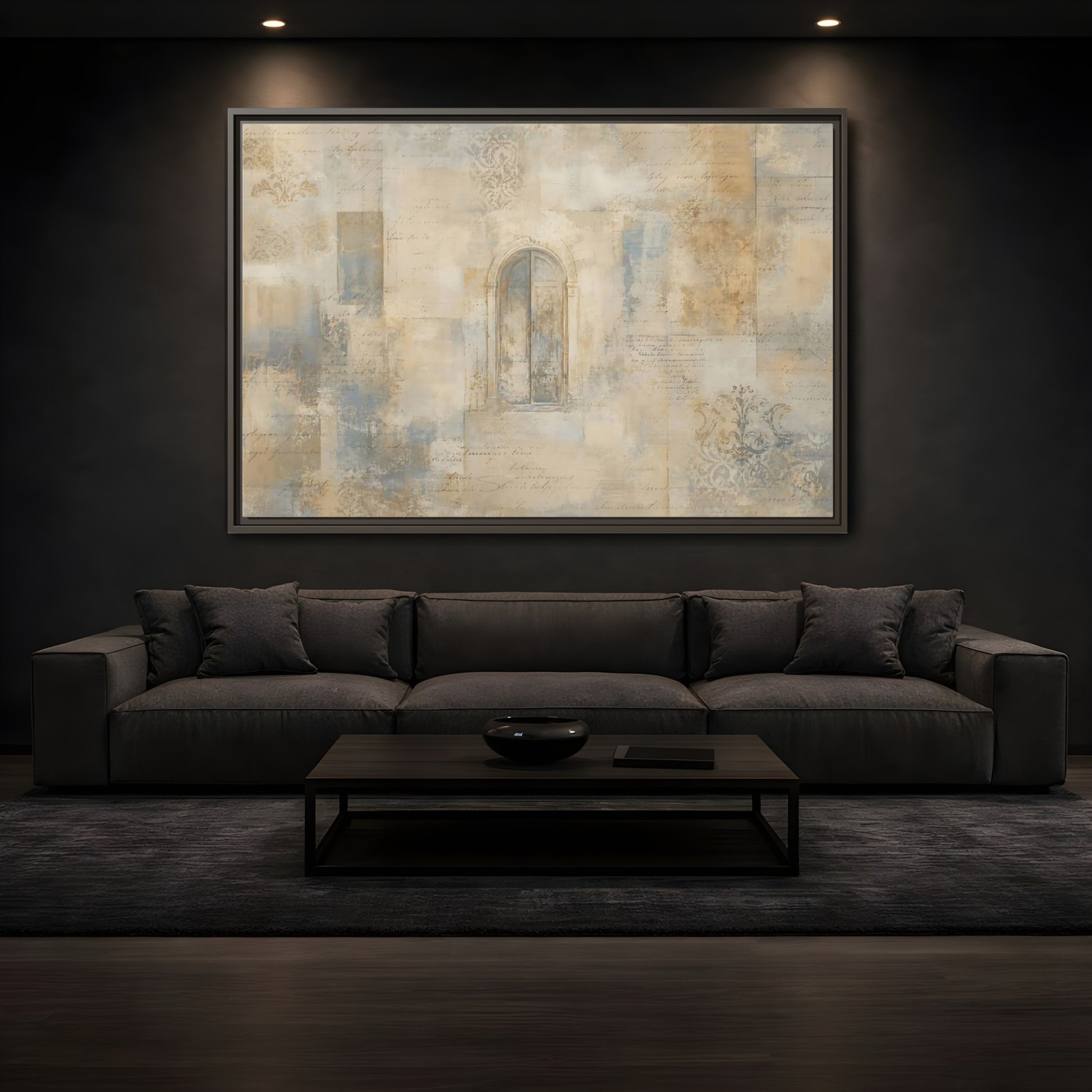 Mockup 3. Vintage Arched Window Vintage Neutral Tones shown as stretched canvas wall art