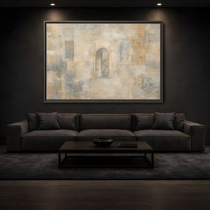 Mockup 3. Vintage Arched Window Vintage Neutral Tones shown as stretched canvas wall art