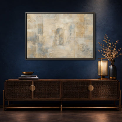 Mockup 4. Vintage Arched Window Vintage Neutral Tones shown as stretched canvas wall art