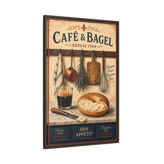 Main Mockup. Vintage Bagel Coffee Vintage Cafe Decor shown as framed canvas print