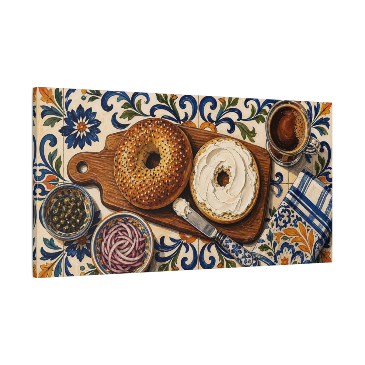 Main Mockup. Vintage Bagels Bagel Breakfast shown as canvas print