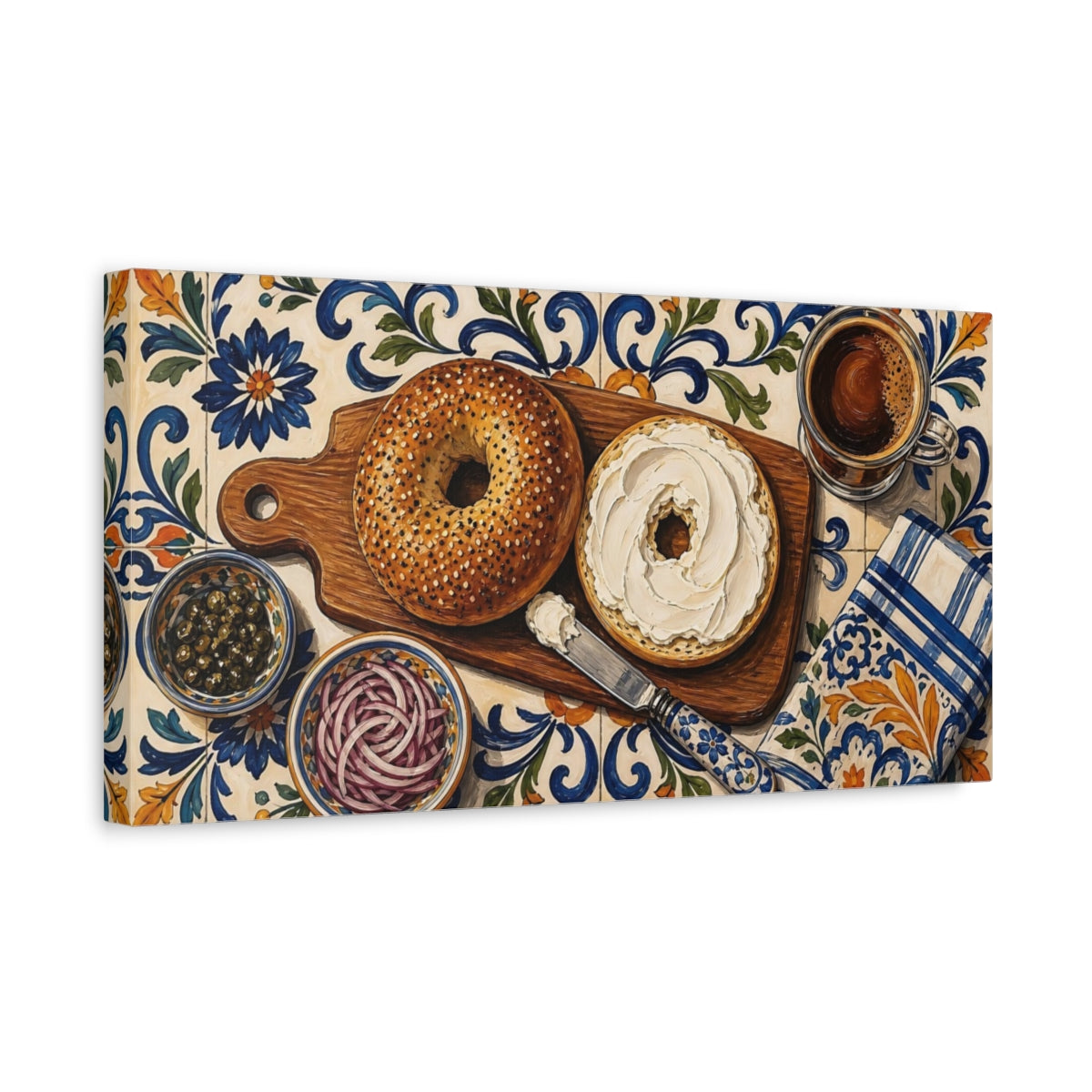 Side Mockup 3. Vintage Bagels Bagel Breakfast shown as canvas print