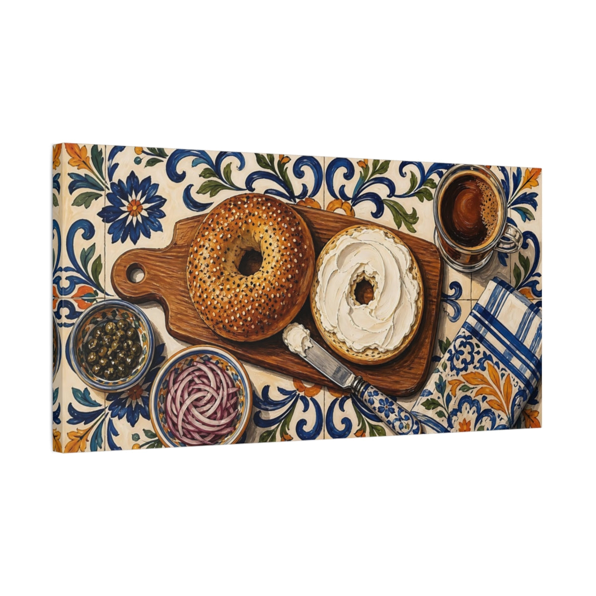 Side Mockup 1. Vintage Bagels Bagel Breakfast shown as canvas print
