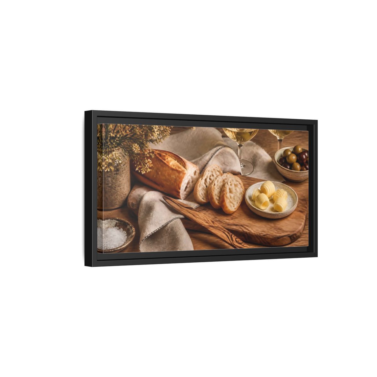 Side Mockup 8. Vintage Baguette Rustic Food Scene shown as framed canvas print