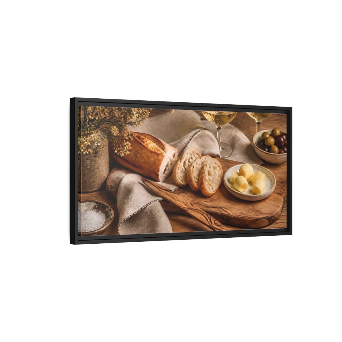 Side Mockup 2. Vintage Baguette Rustic Food Scene shown as framed canvas print