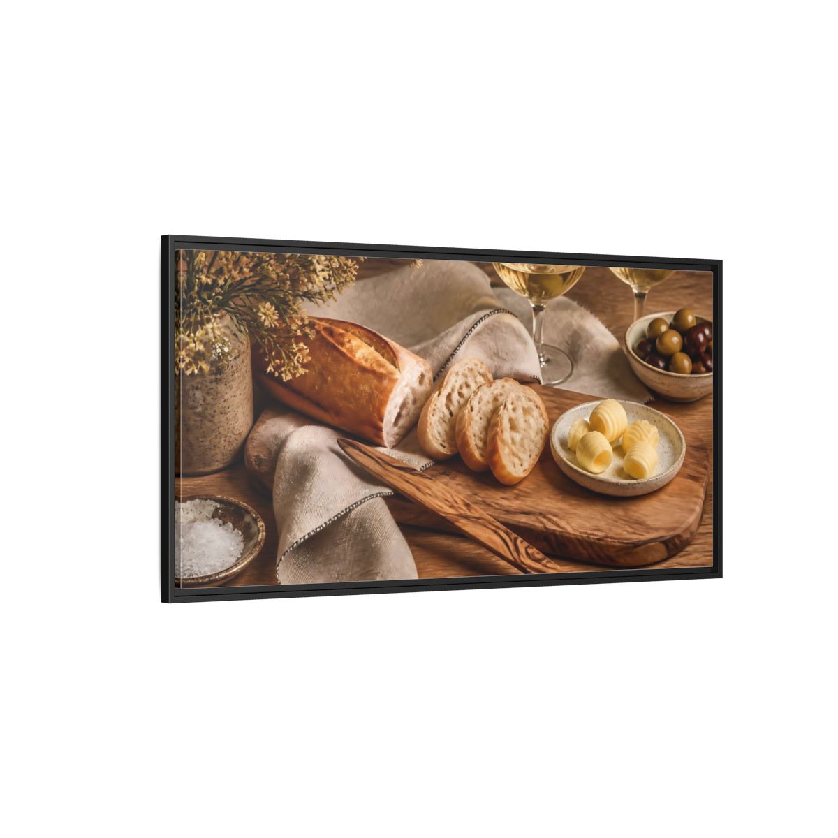 Side Mockup 5. Vintage Baguette Rustic Food Scene shown as framed canvas print