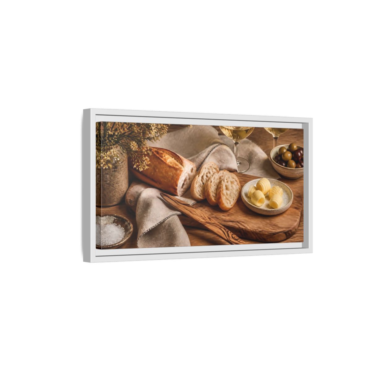 Side Mockup 6. Vintage Baguette Rustic Food Scene shown as framed canvas print