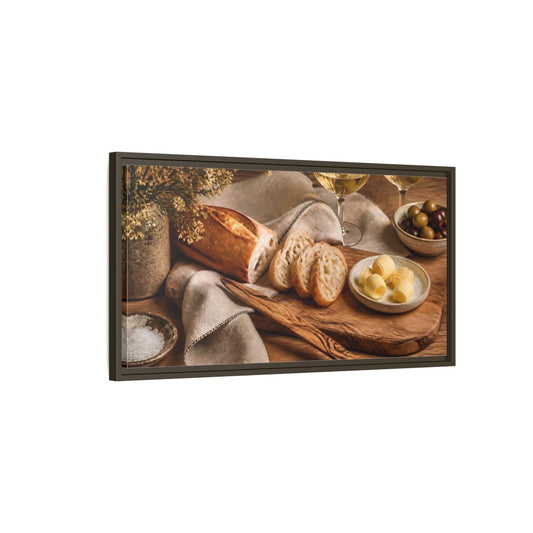 Main Mockup. Vintage Baguette Rustic Food Scene shown as framed canvas print
