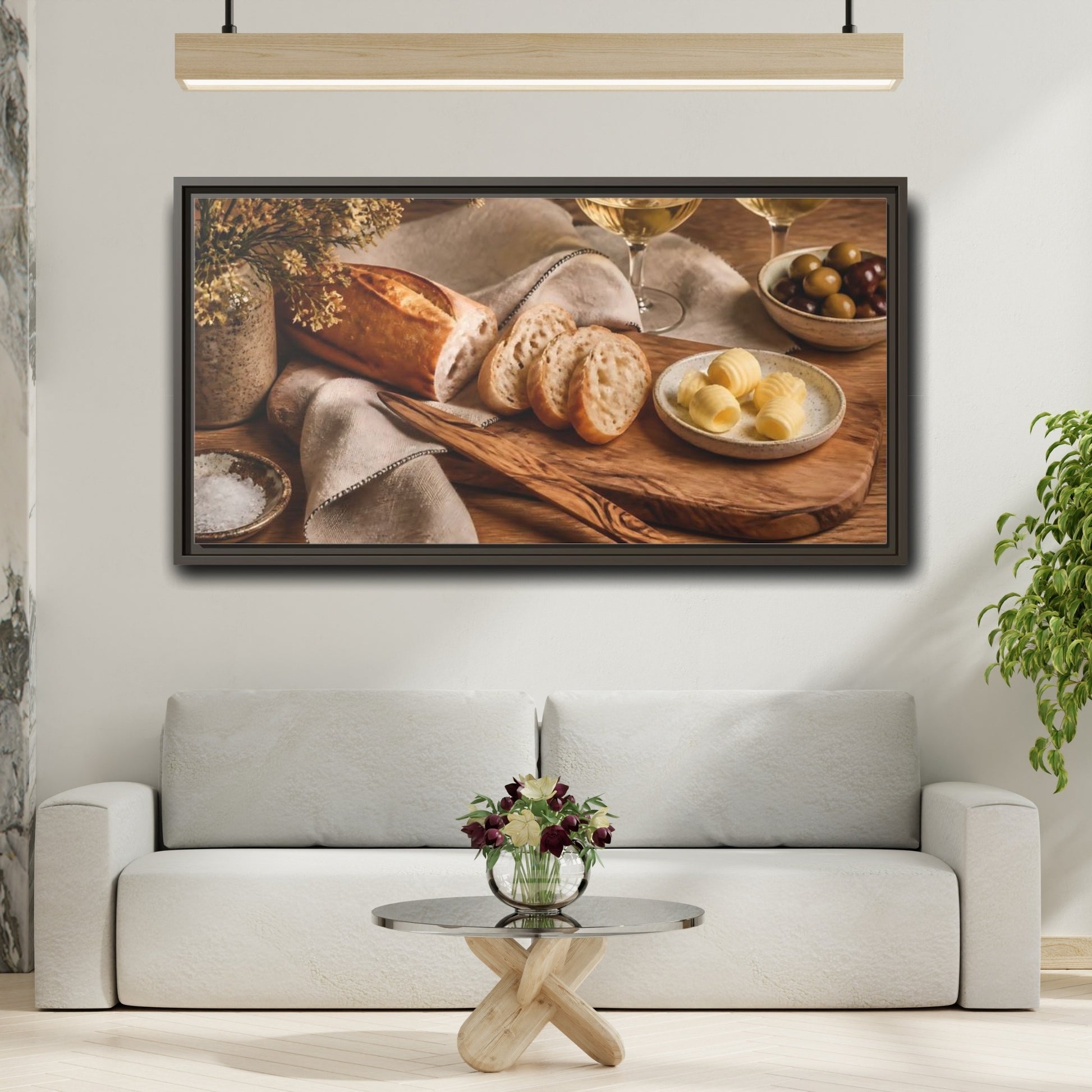 Mockup 2. Vintage Baguette Rustic Food Scene shown as framed canvas print