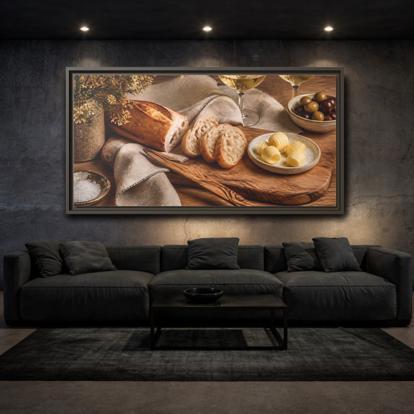 Mockup 3. Vintage Baguette Rustic Food Scene shown as framed canvas print