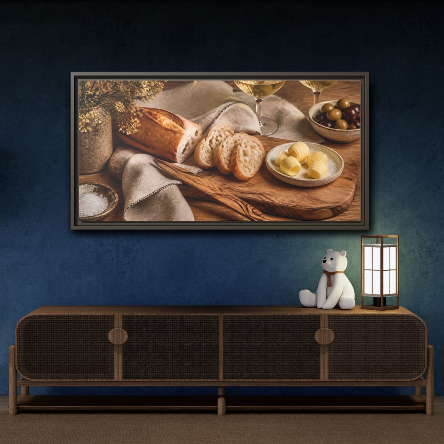 Mockup 4. Vintage Baguette Rustic Food Scene shown as framed canvas print