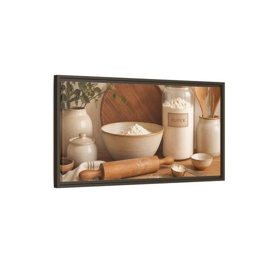 Main Mockup. Vintage Baking Ingredients Brown And White Kitchen shown as framed canvas print