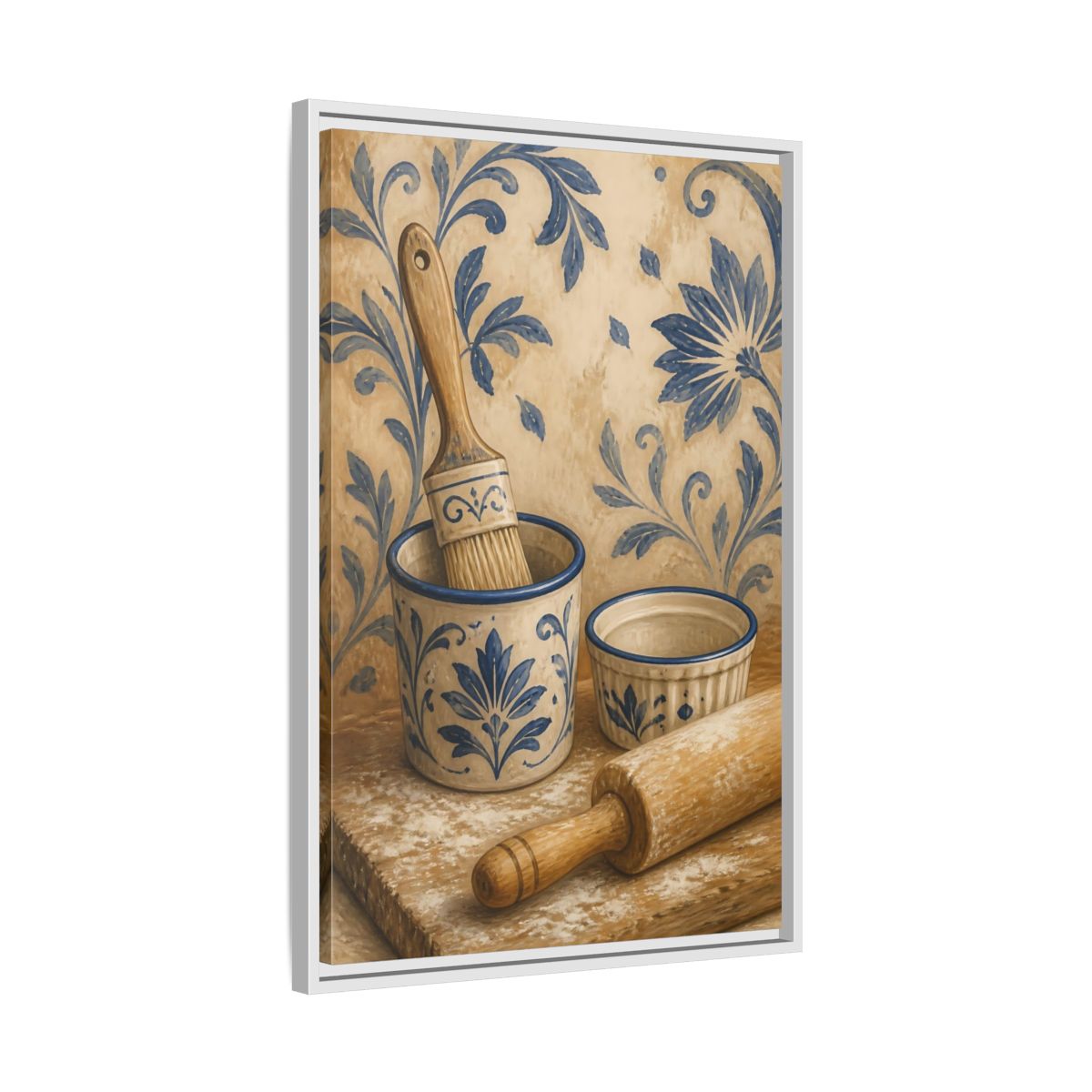 Side Mockup 10. Vintage Baking Tools Blue And Beige Kitchen shown as framed canvas print