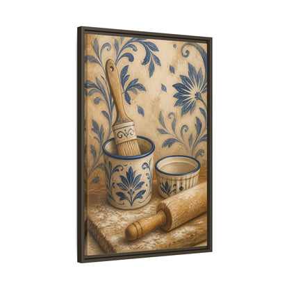 Side Mockup 11. Vintage Baking Tools Blue And Beige Kitchen shown as framed canvas print