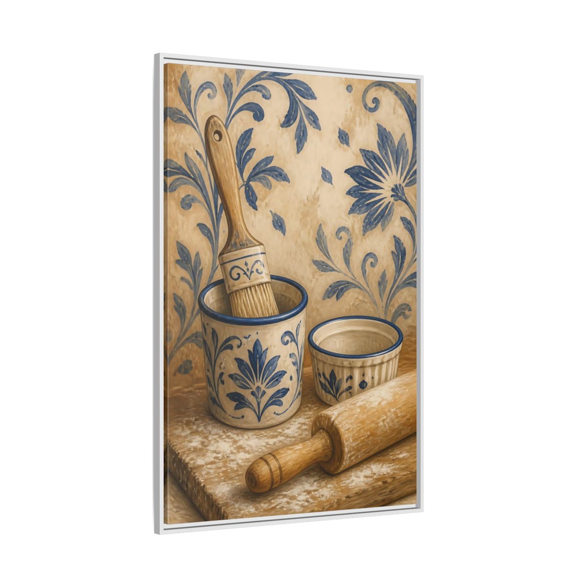 Side Mockup 7. Vintage Baking Tools Blue And Beige Kitchen shown as framed canvas print